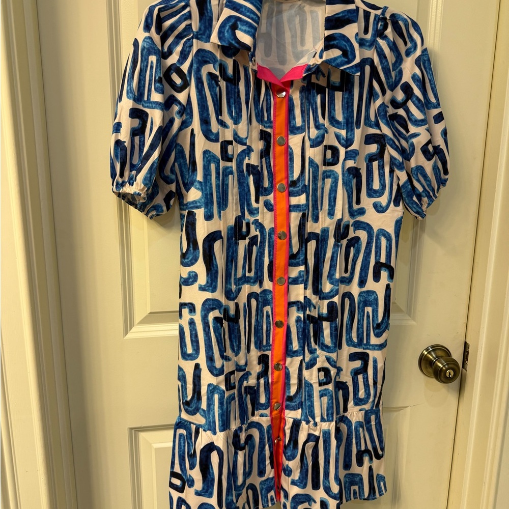 Blue and White Patterned Button-Up Dress